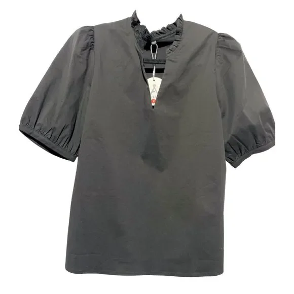 New Black Ruffle V-Neck Puff Sleeve Top Small - Picture 8 of 9